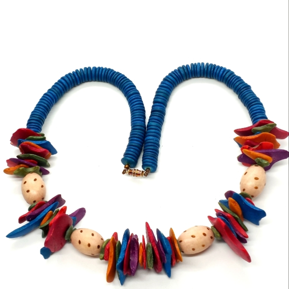 Multicolor wood beaded necklace handmade artisan boho jewelry vintage unique